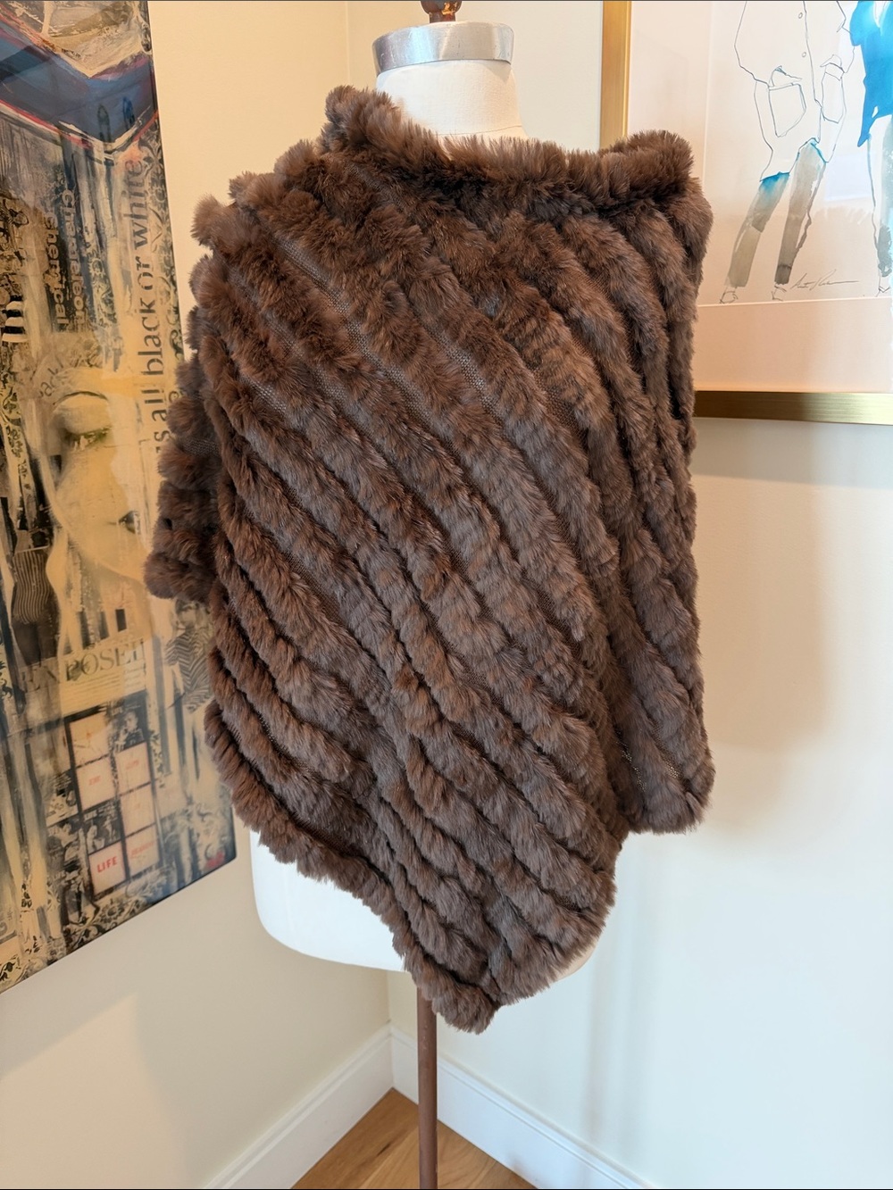 G-III Apparel Vintage Plush Brown Rabbit Fur Poncho